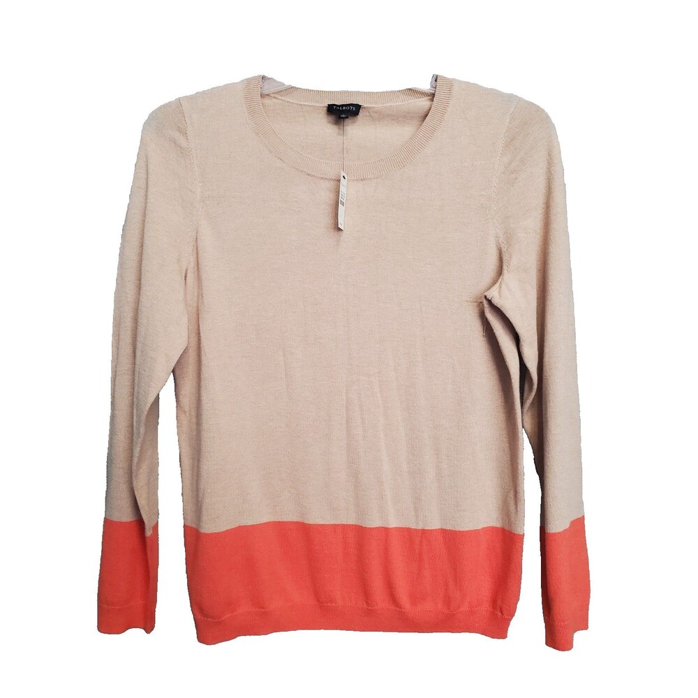 Talbots Tan & Orange Colorblock Lightweight Crewneck Sweater Size L NWT Defect